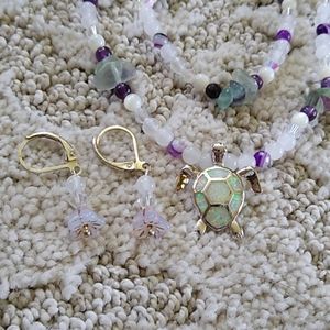 Handmade Gemstone Necklace Set Fire Opal Turtle